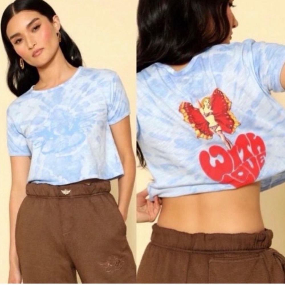 New Boys Lie Tie  Dye Lady Butterfly Crop Top in Blue Large